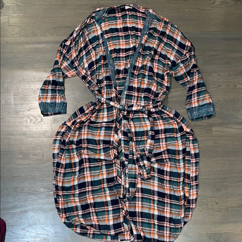 Free People Plaid Robe in Navy, Coral, and Green